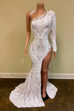 White One-Shoulder Long Sleeves Prom Dress Mermaid Sequins Lace With Split HZ1023