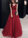 Sexy V-Neckline Wine Red Tulle Floor Length Party Dress, Red Formal Gown HZ1023