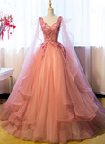 Pink Tulle Sweet 16 Party Dress With Lace Applique, Long Formal Gown HZ1023