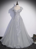 Grey Sweetheart Lace And Tulle A-Line Evening Dress, Light Grey Prom Dress HZ1023