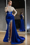 Royal Blue Long Sleeves Beadings Mermaid Prom Dress Split With Ruffles HZ1023