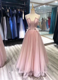 Charming Tulle Straps Long Formal Gown, Pink Elegant Party Dress HZ1023
