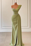 Sage green elegant one shoulder slit long fitted mermaid ball gown evening dress with beads HZ1023