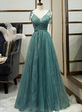 Green Tulle Long Prom Dress, New V-Neckline Straps Long Party Dress HZ1023