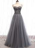 Beautiful Grey Beaded Tulle Prom Dresses, Straps Party Dress HZ1023