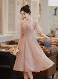 Lovely Pink Lace Short Sleeves Sweetheart Vintage Style Party Dress, Pink Homecoming Dresses HZ1023