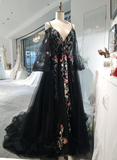 Black Long Sleeves Floor Length Formal Dress, Charming Party Dress Prom Dress HZ1023