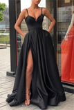 Black Sleeveless Slit Prom Dress Spaghetti-Straps HZ1023