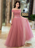 Dark Pink Tulle Off Shoulder Bridesmaid Dress, Long Party Gown HZ1023
