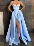 A-Line/Elegant Satin Ruffles Spaghetti Straps Sleeveless Floor-Length Prom Dresses HZ1023
