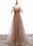 Champagne Tulle Off Shoulder Straps A-Line Prom Dress, Long Evening Dress Party Dress HZ1023