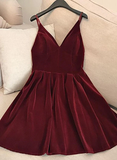 Wine Red Velvet Short V Back Homecoming Dress Party Dress, Dark Red Short Prom Dress HZ1023