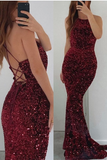 Burgundy Sleeveless Mermaid Prom Dress With Sequins HZ1023