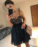 Straps Sweetheart Black Appliques Ball Gown Organza Short Sexy Backless Homecoming Dresses HZ1023