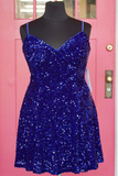 Royal Blue Sequin V-Neck Straps Lace-Up Back Homecoming Dress HZ1023