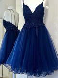 A Line V Neck Short Blue Prom Dresses, Short Blue Lace Graduation Homecoming Dresses HZ1023