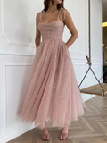 Spaghetti Straps Tea Length Pink Prom Dresses, Tea Length Pink Tulle Formal Homecoming Dresses HZ1023