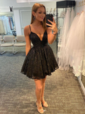Black v neck tulle sequin short cocktail dress,open back homecoming dresses HZ1023