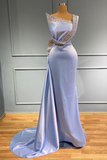 Light Blue One-Shoulder Sleeveless Long Beads Mermaid Prom Dress With Ruffles HZ1023