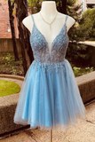 Stunning Blue Sequins Plunge Neck A-Line Short Homecoming Dress HZ1023