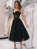 Black Tea Length Sweetheart Neck Prom Dresses, Black Tea Length Formal Homecoming Dresses HZ1023