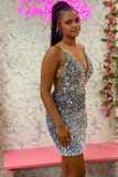 Silver Sequin V-Neck Backless Mini Homecoming Dress HZ1023