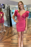 Hot Pink Plunge V Ruffled Sleeve Backless Cocktail Gown HZ1023