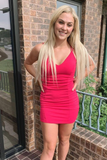 Casual Tight Hot Pink V Neck Party Dress HZ1023