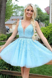Light Blue Appliques V-Neck A-Line Short Homecoming Dress HZ1023