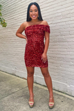 Wine Red Sequin One-Shoulder Short Homecoming Dress HZ1023