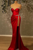 Burgundy Spaghetti-Straps Beadings Mermaid Prom Dress With Split HZ1023