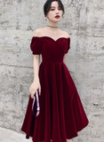 Wine Red Short Velvet Evening Dresses, Off Shoulder Prom Dresses Bridesmaid Dress HZ1023