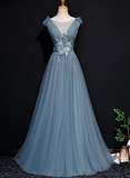 Beautiful Blue Tulle Long Party Dress, A-Line Prom Dress With Lace Applique HZ1023