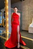 Red One Shoulder Sleeveless Mermaid Prom Dress With Split HZ1023