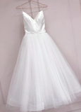 Simple White Tulle With Satin V-Neckline Tea Length Wedding Dress, Simple White Party Dress HZ1023