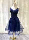 Navy Blue V-Neckline Tulle Short Homecoming Dress, Lace Applique Short Party Dress HZ1023