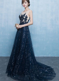 Beautiful Blue Tulle With Lace Round Neckline Prom Dress, Blue Prom Dress HZ1023