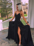 Beautiful Prom Dresses, Timeless Black Split Spaghetti Straps Prom Party Dress HZ1023