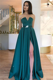 Elegant Prom Dresses V Neck Strapless Satin Teal Beaded Belt Side Slit HZ1023