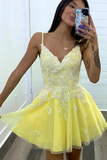 Princess Yellow A-line Lace Appliques Short Homecoming Dress HZ1023