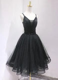 Black Tulle And Beaded Knee Length Straps Homecoming Dress, Black Short Prom Dresses HZ1023