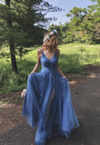 Blue tulle lace long prom dress evening dress HZ1023