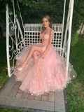Pink floral sleeveless corset tulle long prom evening gown wedding dress HZ1023