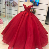 Red Off Shoulder Wedding Dresses Tulle with Lace Appliques Corset Princess Gowns HZ1023