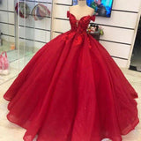 Red Off Shoulder Wedding Dresses Tulle with Lace Appliques Corset Princess Gowns HZ1023