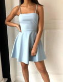 Blue fashion simple bow sleeveless short spaghetti strap A-line short satin mini homecoming dress evening gown HZ1023