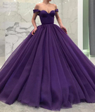 Purple Prom Dresses,tulle prom dress,off shoulder prom gown,long prom gown,tulle evening dress,ball gown prom dresses HZ1023