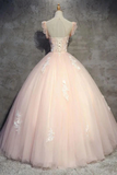 Light Peach Tulle Long Prom Dress With Flowers, Princess Ball Gown Sheer Neck Party Dress HZ1023