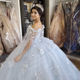 Light blue long ball gown evening gown quinceanera dress off the shoulder floral sequin beads fluffy party princess sweet 16 dress HZ1023