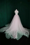 Pink Sweetheart Tulle Long Wedding Party Dress With Belt, Pink Formal Gown HZ1023